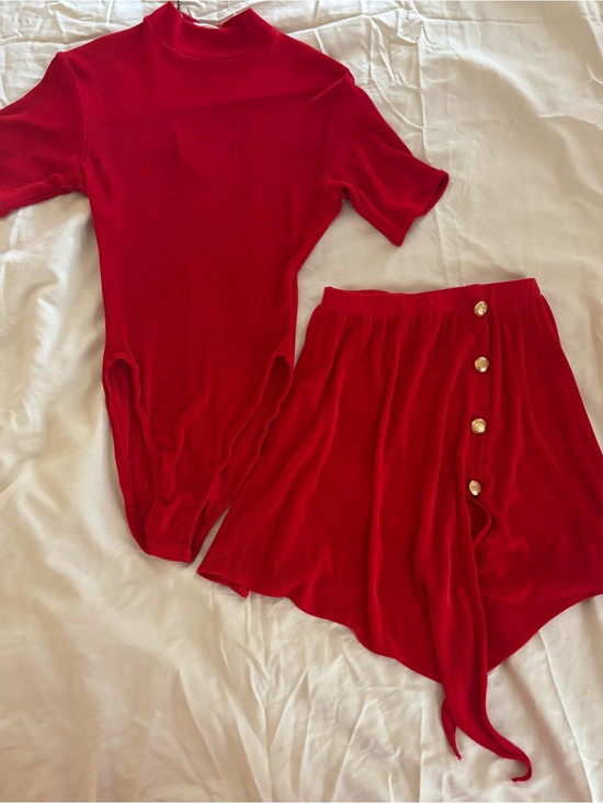 Loeffler Randall Other - Vintage Designs by Randall Red 2-Piece Bodysuit & Asymmetrical Skirt Set